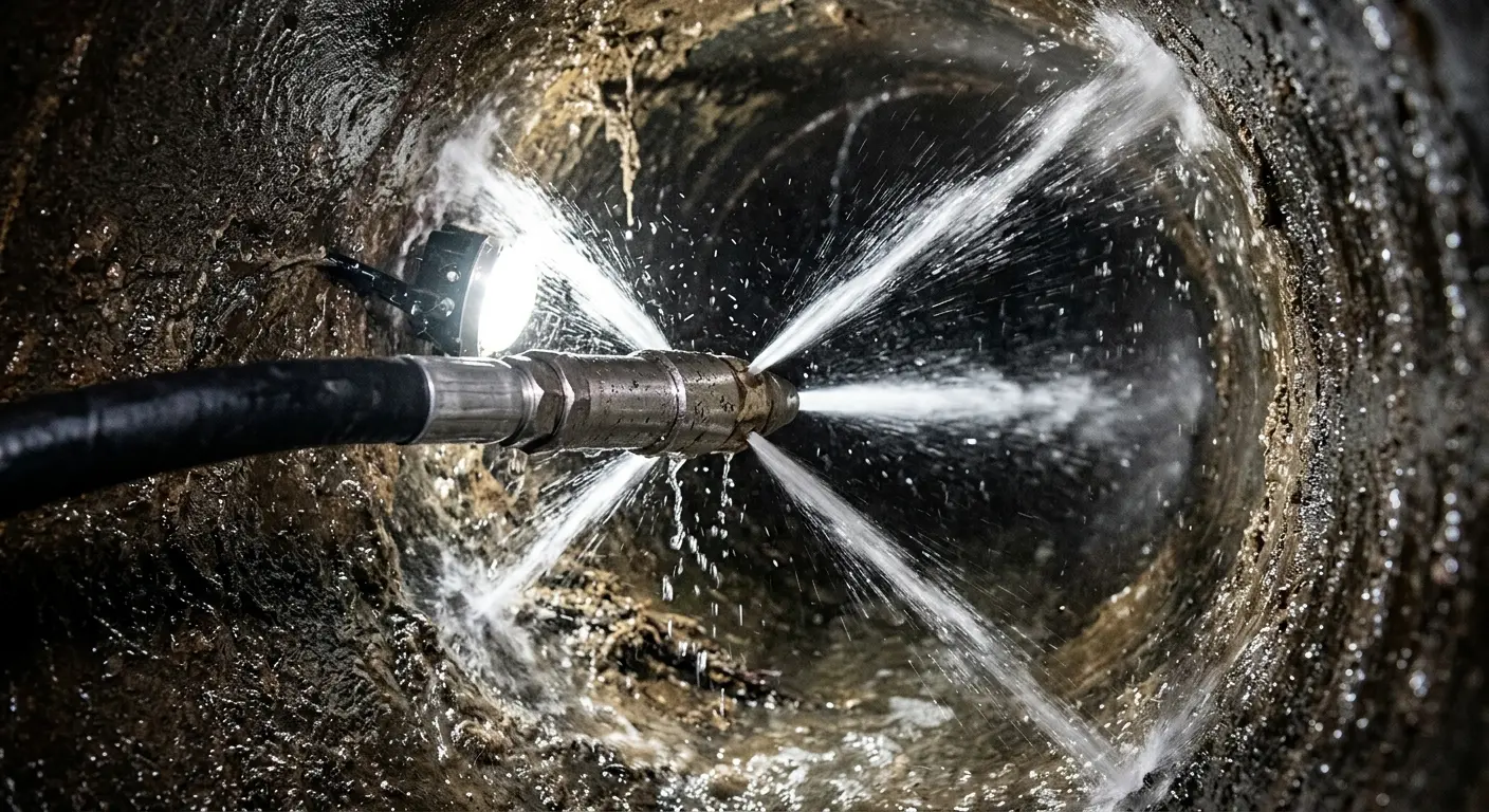 High-pressure hydro jetting nozzle cleaning sewer pipe for Trenchless Sewer Repair in Littleton