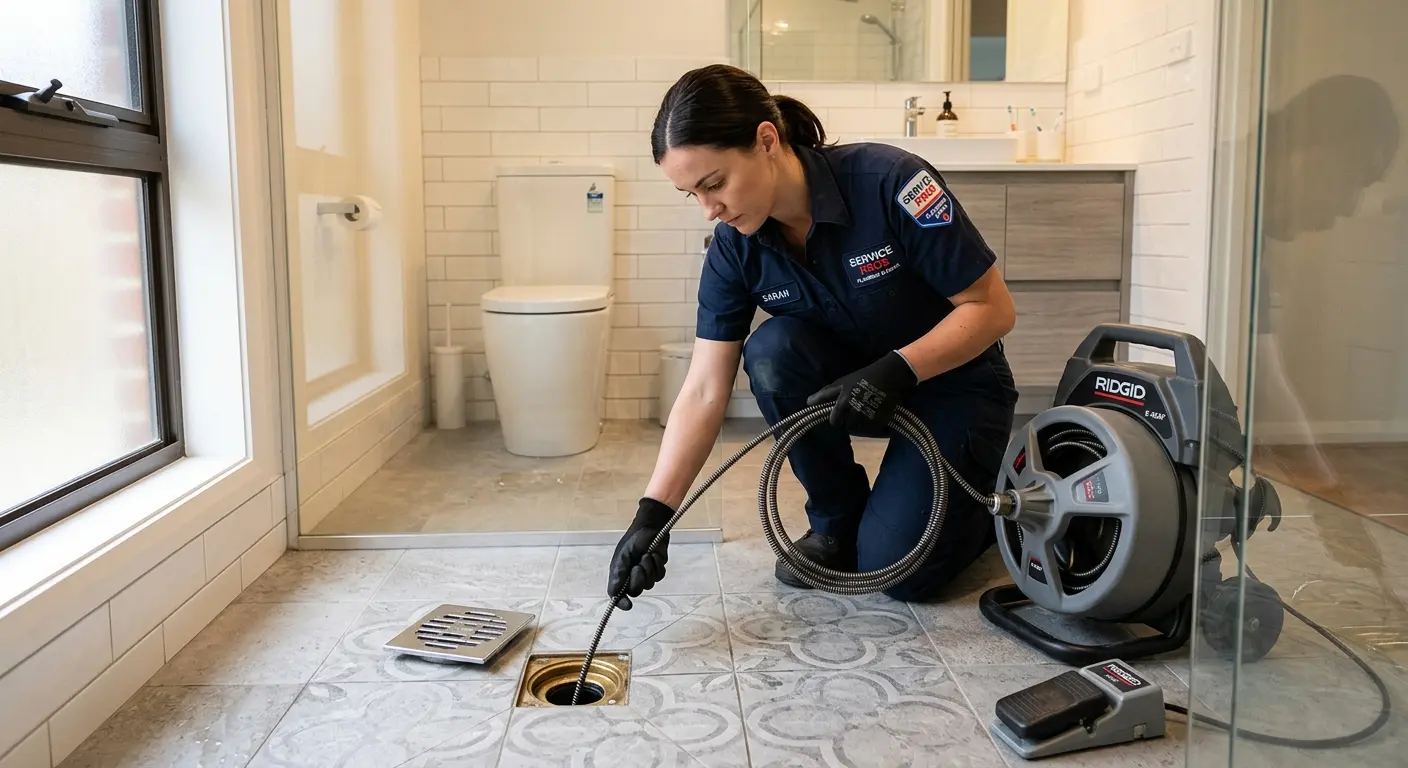 Technician clearing a bathroom floor drain for Clogged Drain Repair in Littleton
